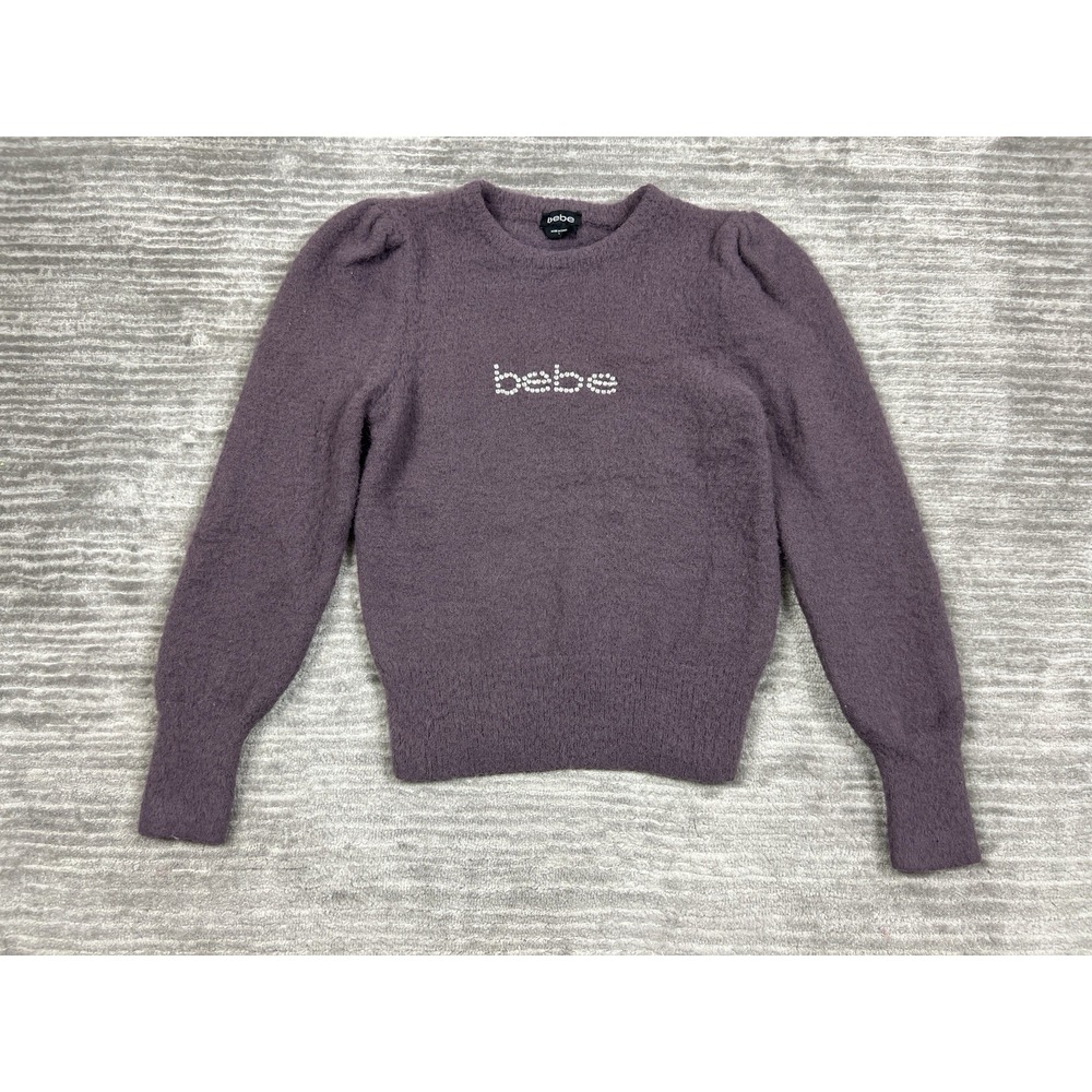 Bebe‎ Sweater Womens Large Purple Long Sleeve Nylon Blend Rhinestone Spell Out